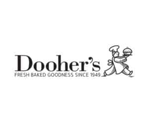 Logo design for Dooher’s Bakery, featuring elegant serif typography with a vintage-style baker illustration—crafted by Inspiring Design Co. for a historic family bakery.