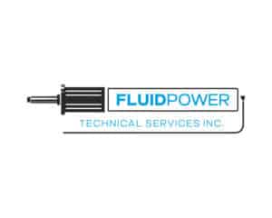 Logo design for FluidPower, featuring a stylized hydraulic piston with bold typography—designed by Inspiring Design Co. for a technical services company.