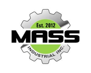 MASS Industrial Inc. logo design featuring a metallic gear and bold black lettering—crafted by Inspiring Design Co. to convey industrial strength, reliability, and precision engineering.