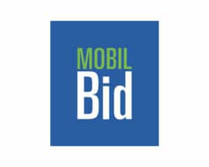 MobilBid logo design with bold blue and green typography—designed by Inspiring Design Co. to emphasize innovation, digital bidding, and streamlined auction services.