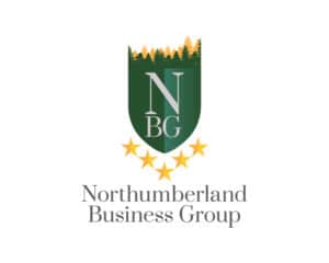 Northumberland Business Group logo design featuring a green shield, forest silhouette, and five stars—crafted by Inspiring Design Co. to represent collaboration, excellence, and regional business growth.