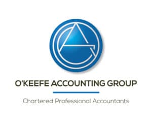 O’Keefe Accounting Group logo design with a sleek blue circular icon—designed by Inspiring Design Co. to highlight professionalism, precision, and financial expertise.