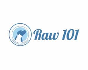 Raw 101 logo design with a sleek blue circular icon featuring a dog silhouette—crafted by Inspiring Design Co. to reflect premium pet food and natural nutrition.