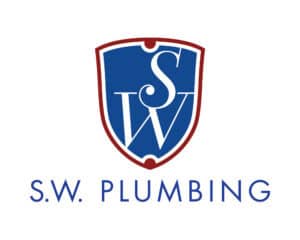 S.W. Plumbing logo design with a bold blue and red shield emblem—crafted by Inspiring Design Co. to highlight reliability, protection, and professionalism in plumbing services.
