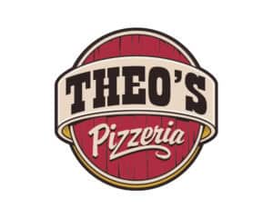 Theo’s Pizzeria logo design with a rustic wooden sign aesthetic—crafted by Inspiring Design Co. to evoke a warm, authentic, and classic Italian dining experience.