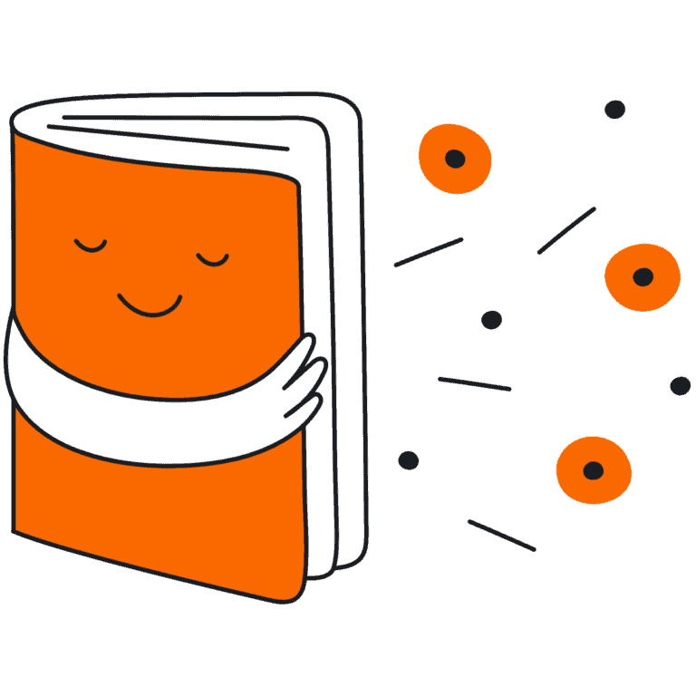 Illustration of a smiling book being hugged—symbolizing storytelling, content creation, and the emotional connection of great design.