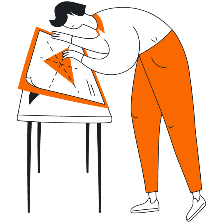 Illustration of a designer carefully measuring a blueprint—symbolizing precision, strategic planning, and detailed branding execution.