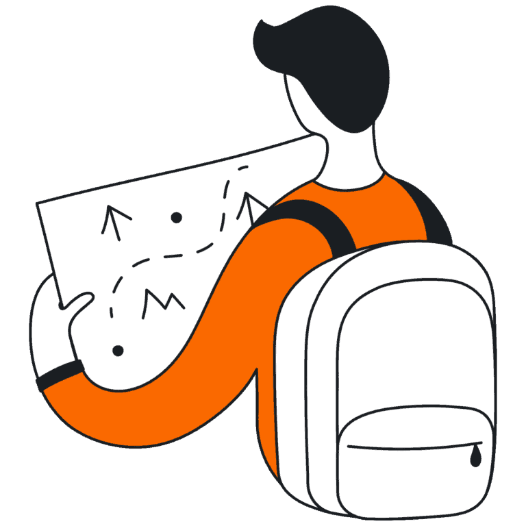 Illustration of a traveler holding a map—representing strategic direction, goal-oriented branding, and guided user experiences.